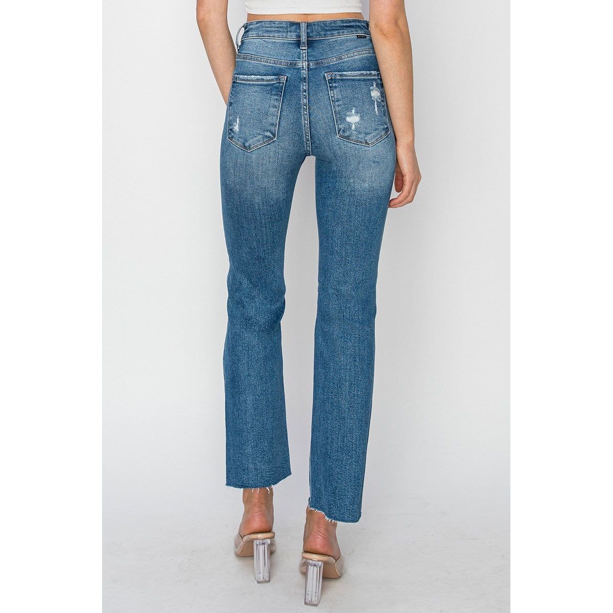 High Rise Knee Distressed Ankle Jeans