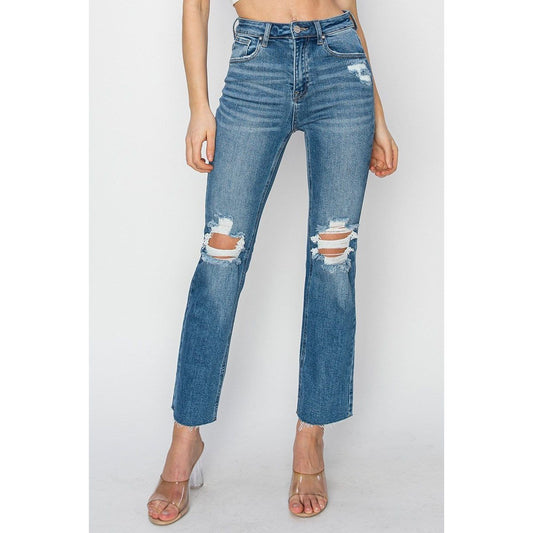 High Rise Knee Distressed Ankle Jeans