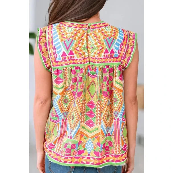 Women Casual Geometric Print Ruffled Tank Top