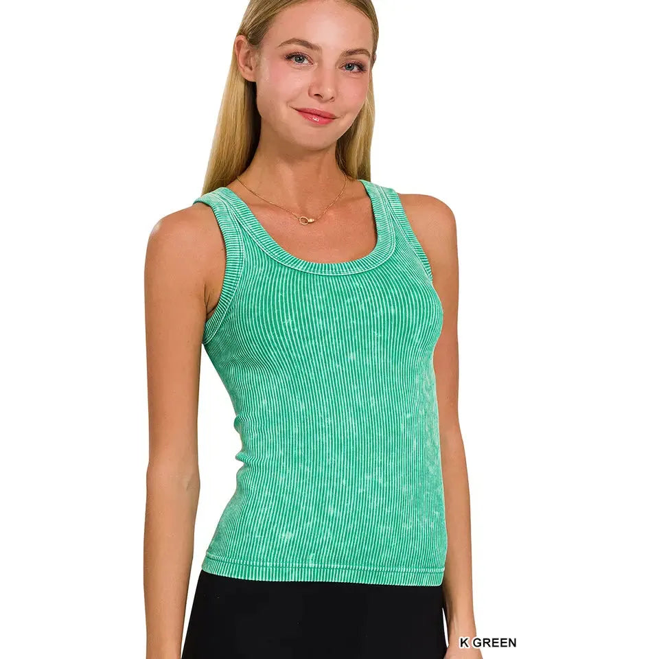 2 Way Neckline Washed Ribbed Tank Top