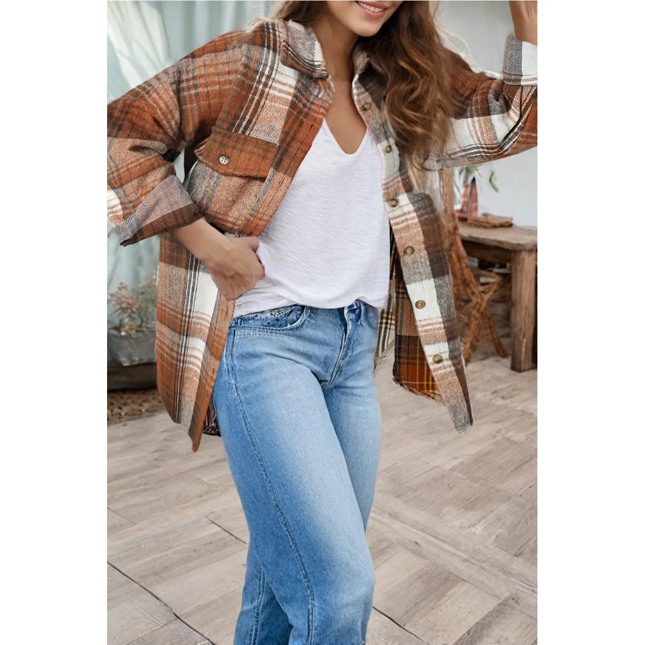 Plaid Flap Pockets Shacket