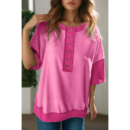 Contrast Patchwork Button Loose Fit T Shirt