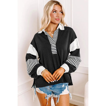 Striped Colorblock Patchwork Collar Sweatshirt