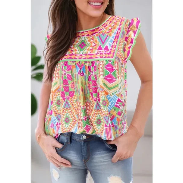 Women Casual Geometric Print Ruffled Tank Top