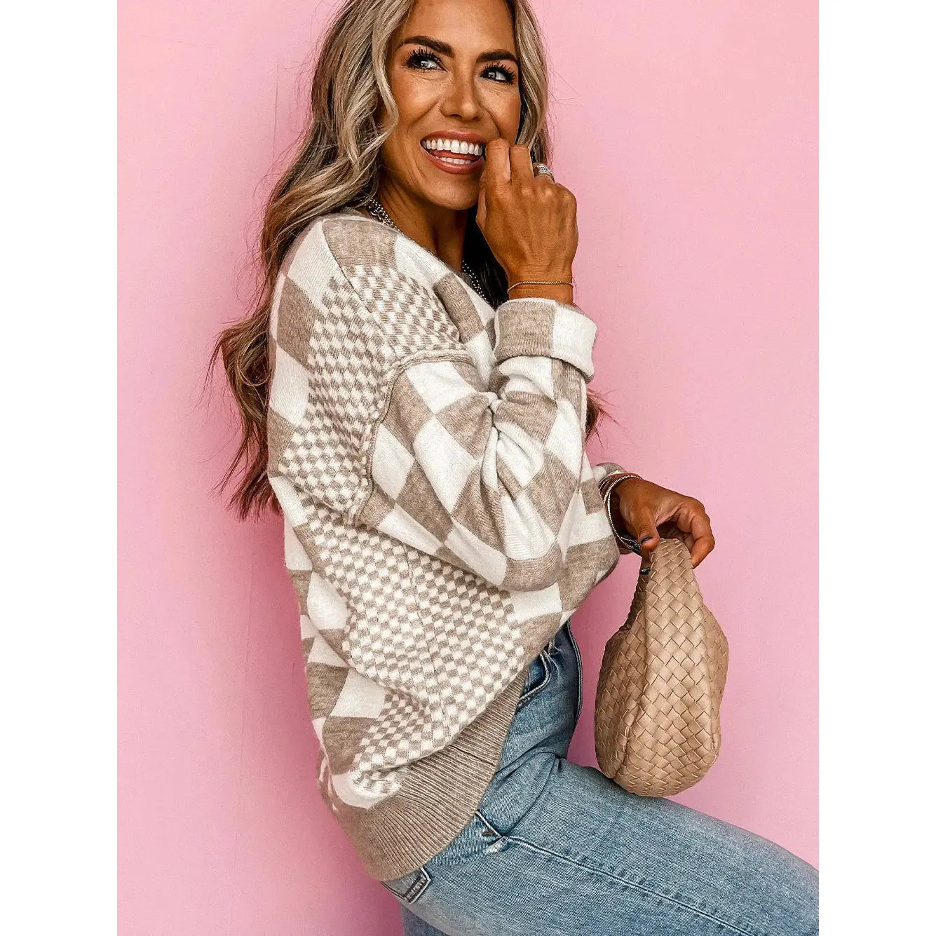 Khaki Checkered Print Drop Shoulder Round Neck Sweater