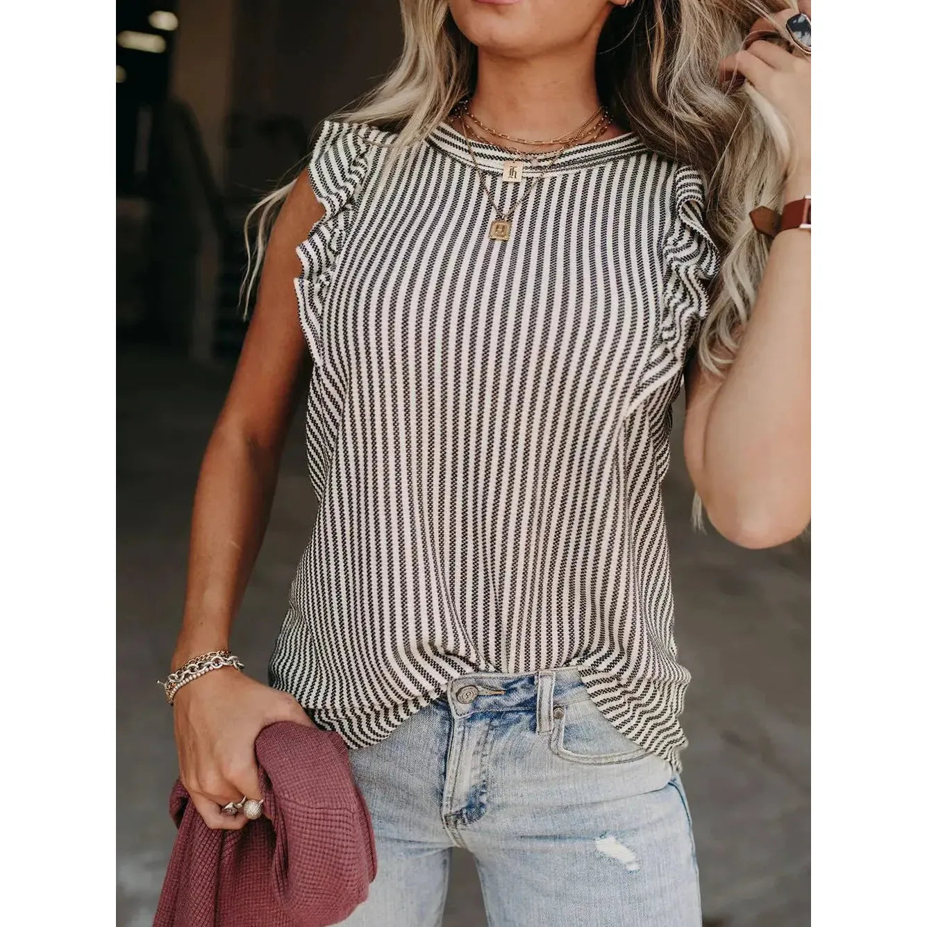 Crew Neck Ruffled Striped Tank Top