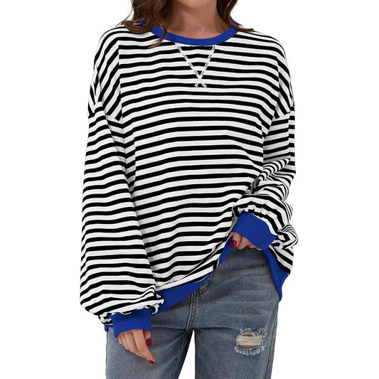 Striped Sweatshirt Long Sleeve Pullover Tops Crewneck