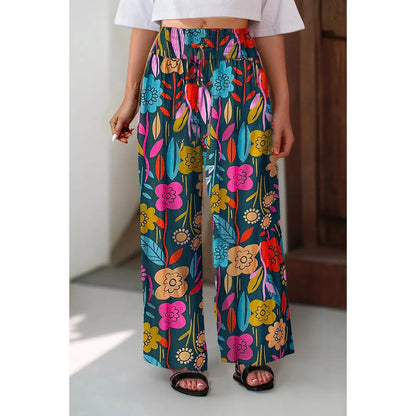 Floral Print Smocked Highwaist Wide Leg Pant