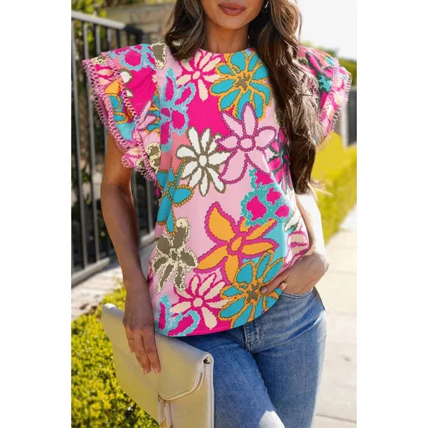 Floral Print Trimmed Ruffle Sleeve Blouse