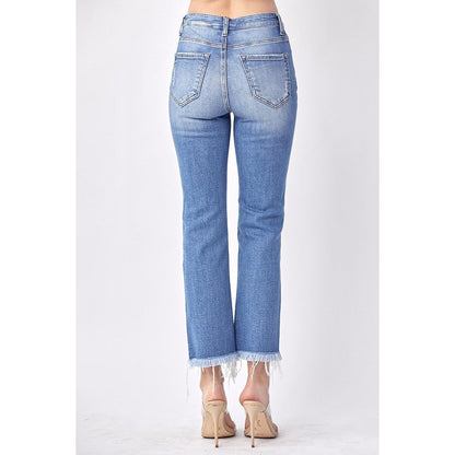 Mid Rise Raw Hem Straight Jeans