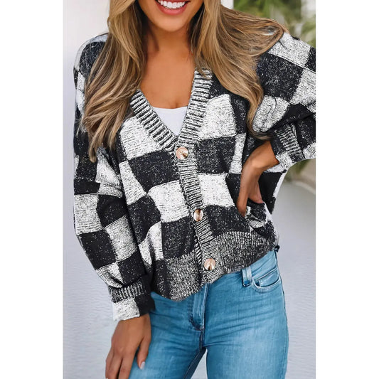 Checkered Drop Shoulder Buttoned V Neck Cardigan