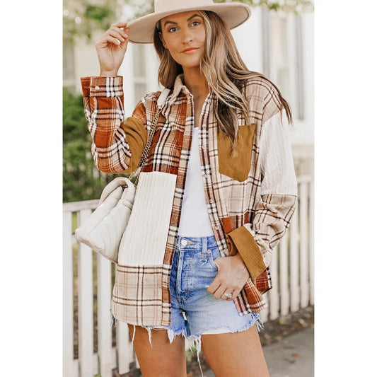 Plaid Block Patchwork Shirt Jacket with Pocket