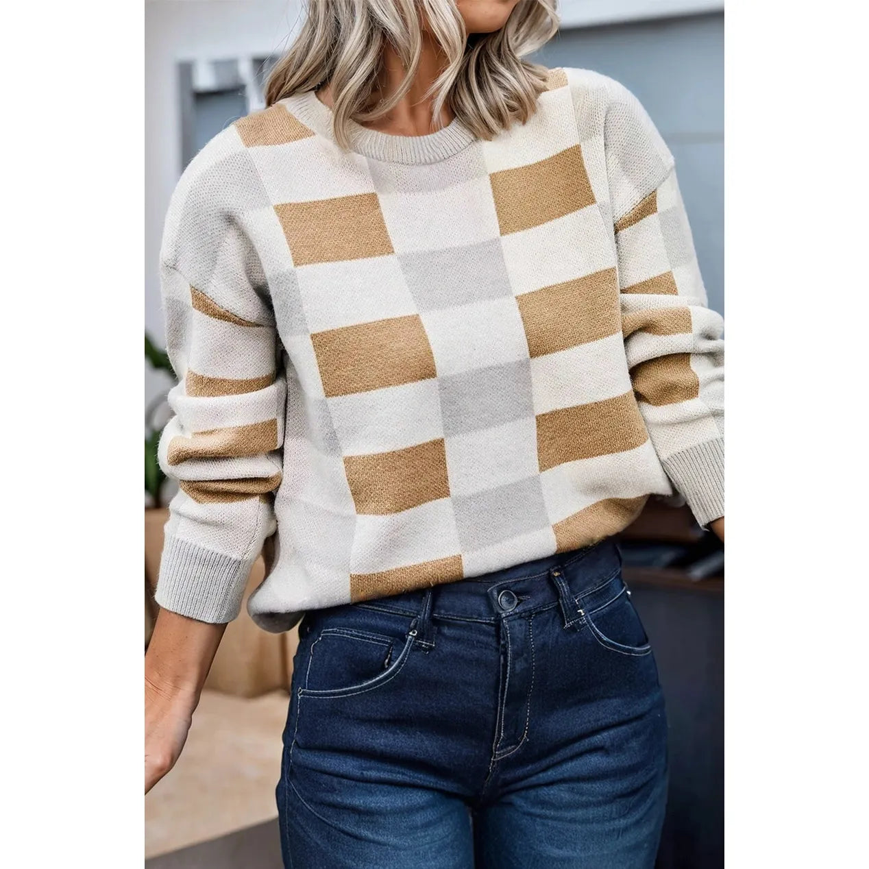 Checkered Round Neck Sweater