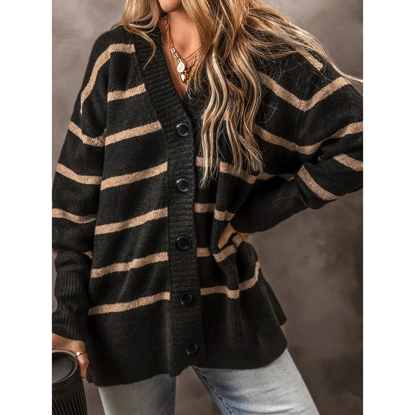 Stripe Buttoned V-Neck Oversized Cardigan