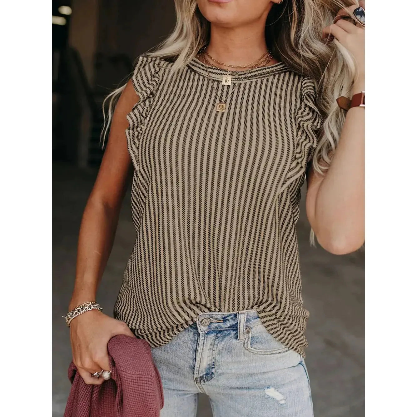 Crew Neck Ruffled Striped Tank Top