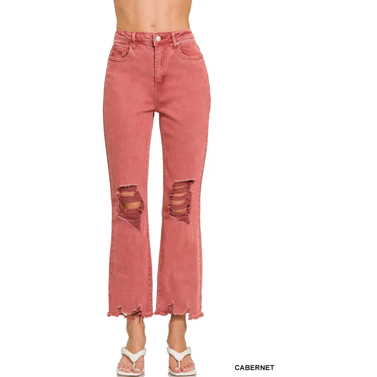 Acid Washed High Waist Distressed Straight