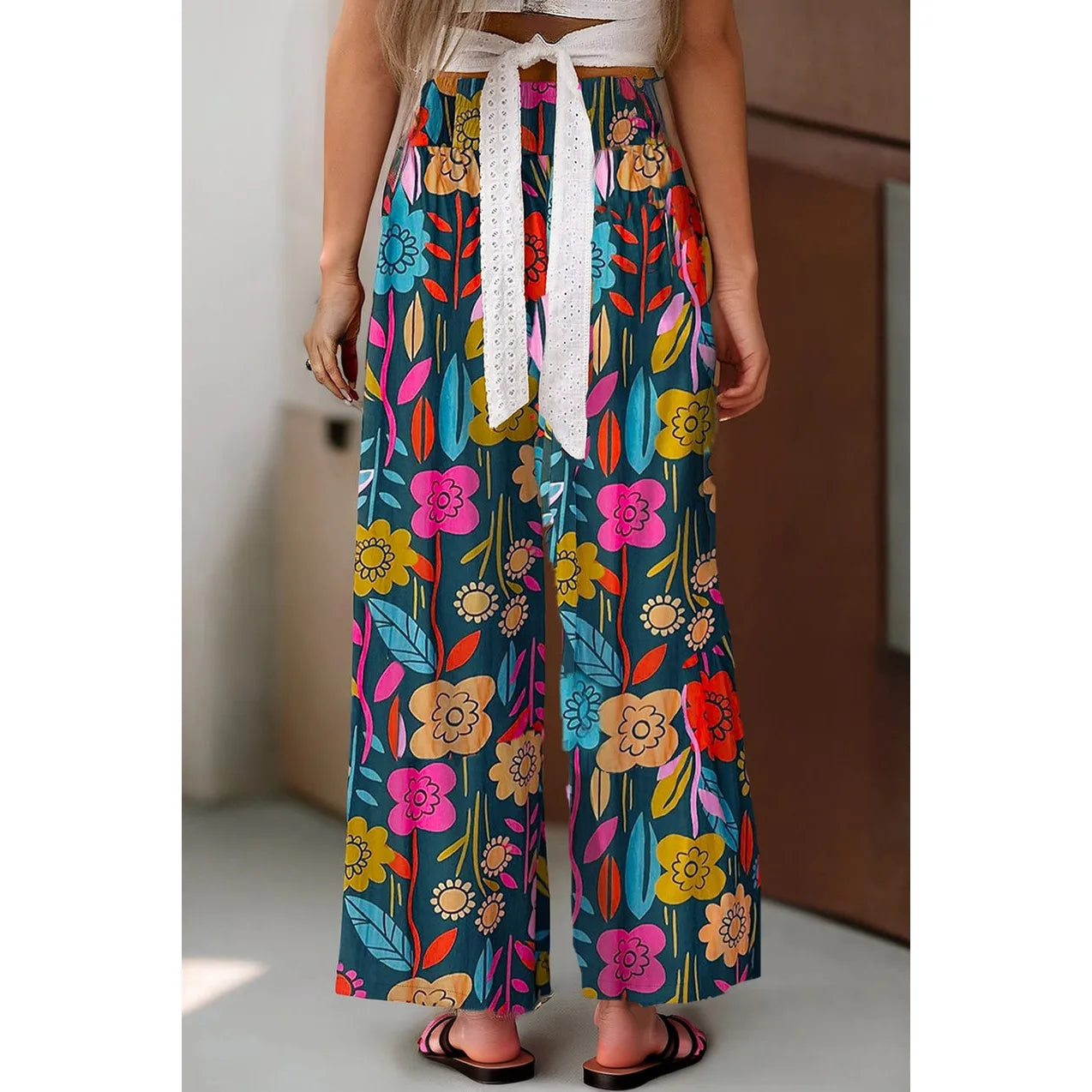 Floral Print Smocked Highwaist Wide Leg Pant