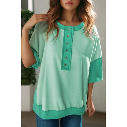 Contrast Patchwork Button Loose Fit T Shirt